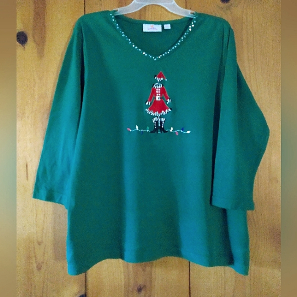 Quacker Factory Embroidered Knit Santa Top w/Rhinestones